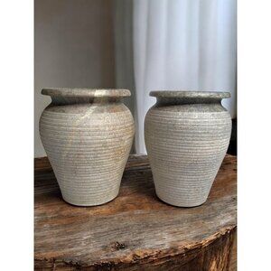 2 Vintage Carved Stone Vases ribbed Gray Stone Made in Brazil 4.75"